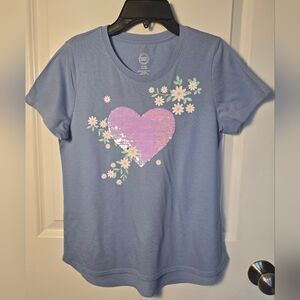 Girls Wonder Nation Light Blue Sequin Color Changing Heart Tee Size L